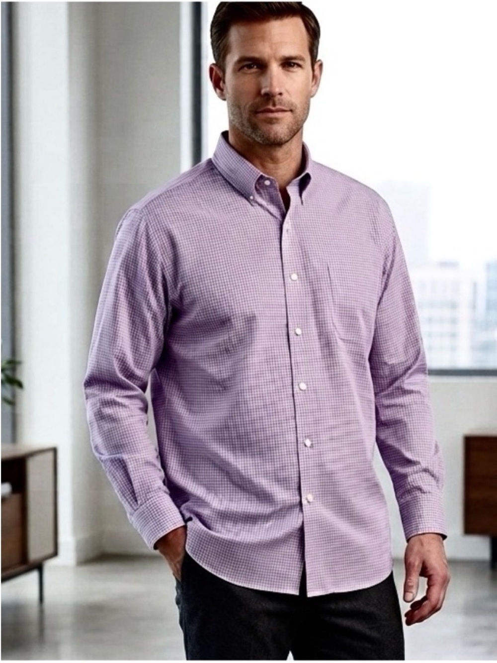 Jos. A. Bank Traveler Purple Check Button Down Shirt 17.5-34 or XL